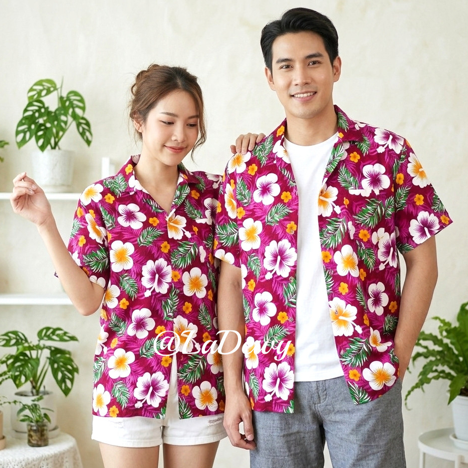 งานไทย เสื้อสงกรานต์ เสื้อลายดอก ผู้หญิง ผู้ชาย 5สี 7ไซส์ ลายชบาแซมใบเฟิร์น สีสันสดใส Hawaiian Shirt HW300