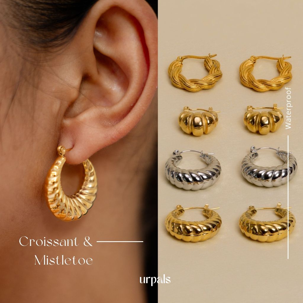 URPALS ต่างหูห่วง Croissant Set Stainless ชุบทอง 18K แพ้ง่ายใส่ได้ ใช้งานได้นาน