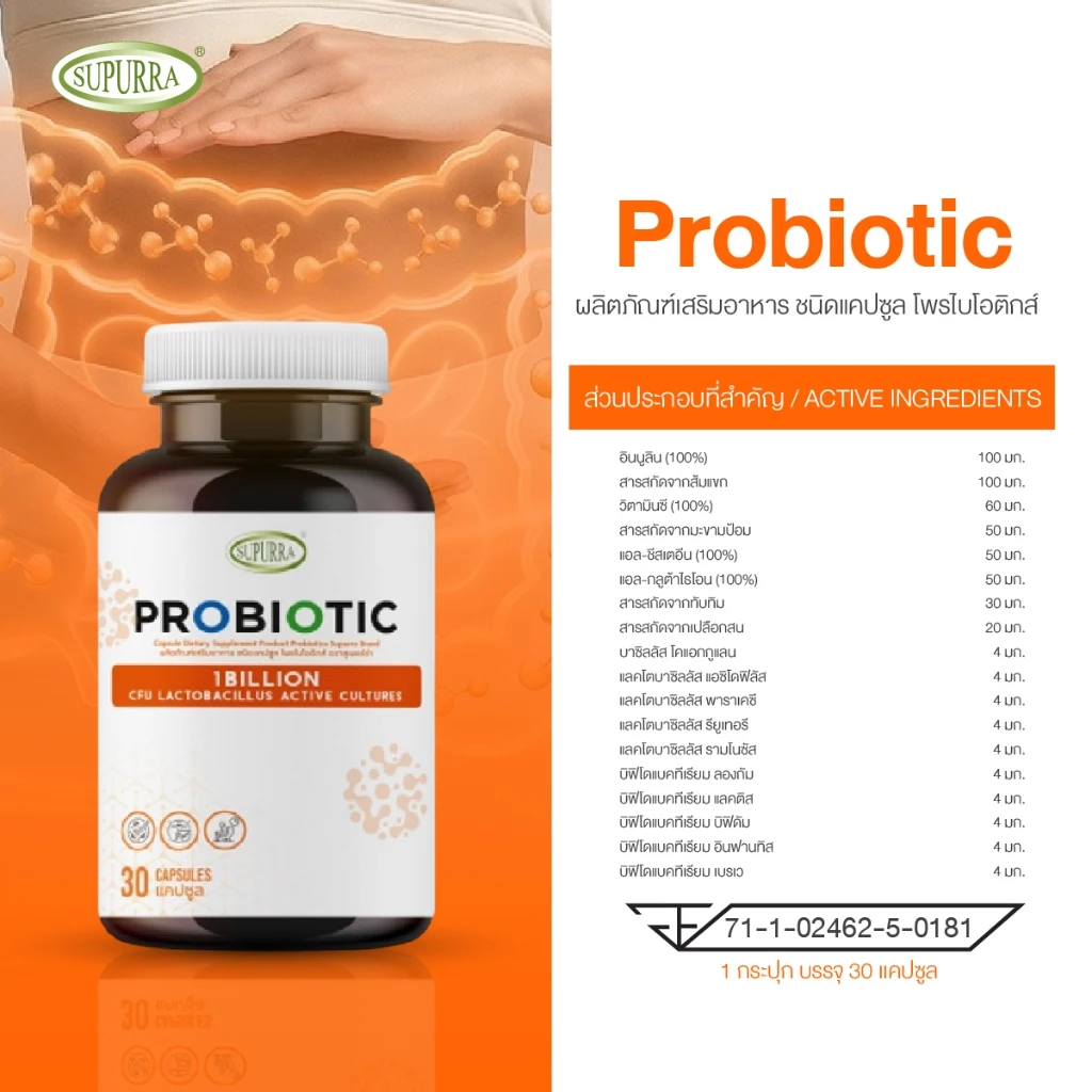 [ 1 แถม 1 ] Supurra Probiotics ผลิตภัณฑ์เสริมอาหาร โพรไบโอติกส์ ปรับสมดุลระบบขับถ่าย  [C2] thumbnail 3