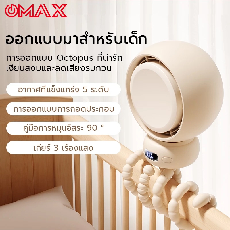 OMAX Stroller Fan พัดลมรถเข็นเด็ก พัดลมพกพาสำหรับรถเข็นเด็ก 8000mAh ส่ายหัวอัตโนมัติ 90° ปรับระดับได้ 5 ระดับ