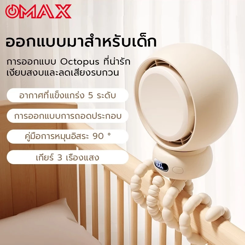 OMAX Stroller Fan พัดลมรถเข็นเด็ก พัดลมพกพาสำหรับรถเข็นเด็ก 5000mAh ส่ายหัวอัตโนมัติ 90° ปรับระดับได้ 5 ระดับ