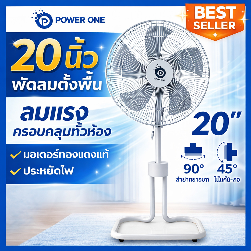 POWER ONE พัดลมตั้งพื้น 20 นิ้ว พัดลมอุตสาหกรรม ลมแรงพิเศษ แข็งแรง พัดลมไฟฟ้า
