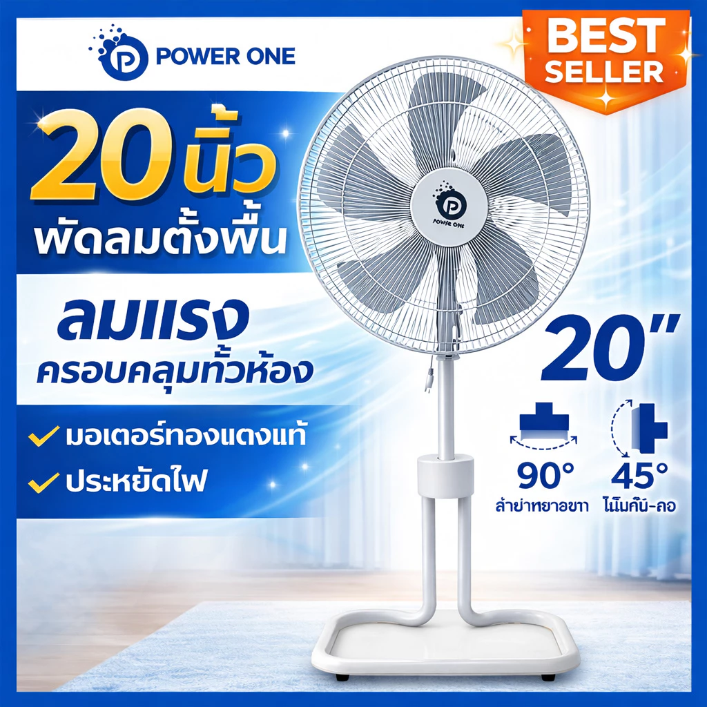 POWER ONE พัดลมตั้งพื้น 20 นิ้ว พัดลมอุตสาหกรรม ลมแรงพิเศษ แข็งแรง พัดลมไฟฟ้า