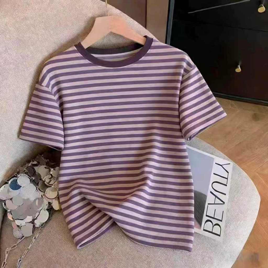 เสื้อยืดสีม่วงพาสเทลลายทางสไตล์เกาหลี M-3XL ผ้าคอตตอนคุณภาพดี ใส่สบายไม่ร้อน เหมาะใส่ทุกวัน