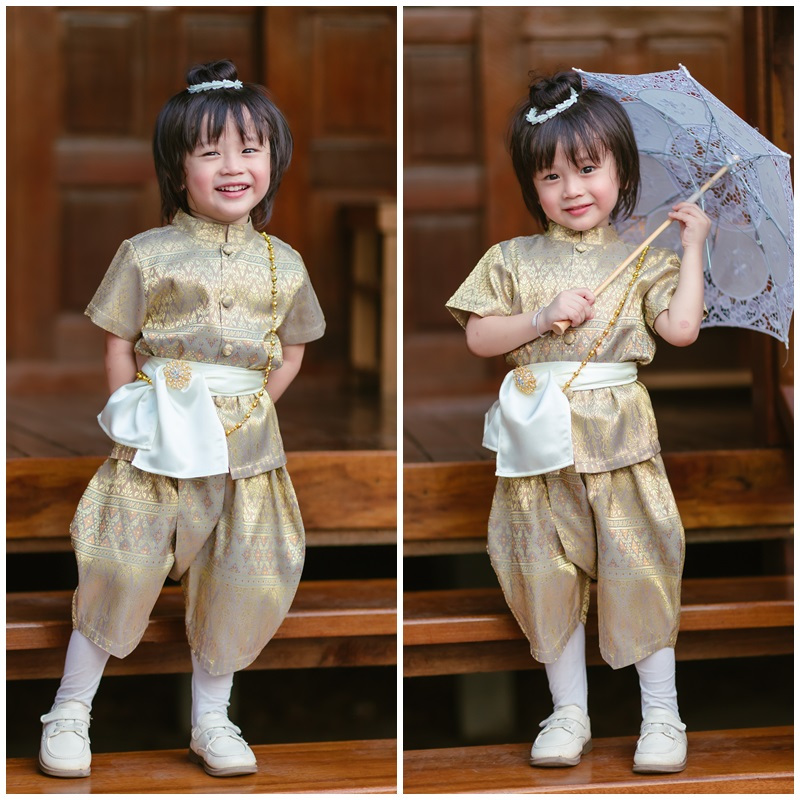 ชุดไทยเด็กชายไหมทั้งชุด พร้อมผ้าคาดซาติน สีทอง