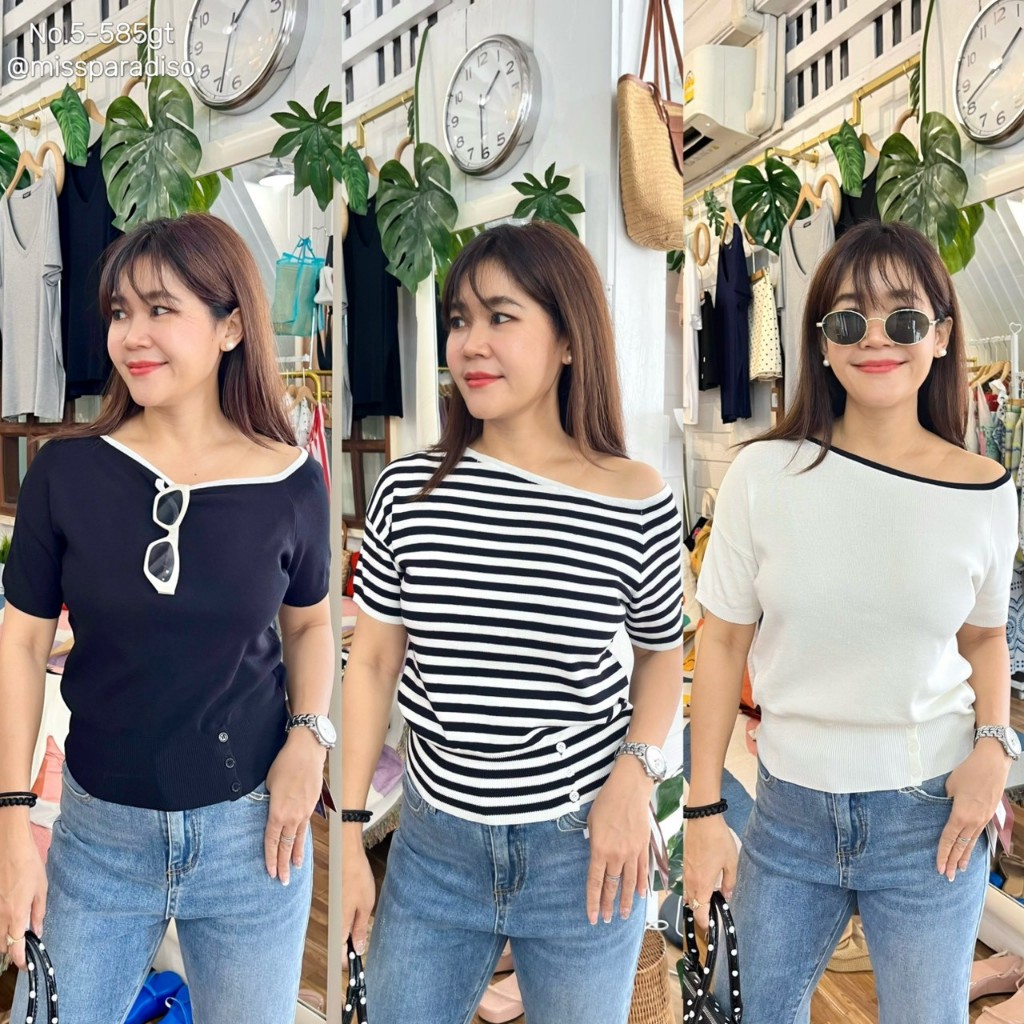 5-585GT เสื้อไหมพรมไหล่เฉียงเอวจั้มกระ