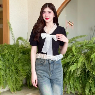 ( เฉพาะเสื้อ ) เสื้อผ้าเปลือกไม้ แขนตุ๊กตา ชายแต่งระบาย ผูกโบว์อก เรียบร้อย ใส่ทำงาน น่ารัก สาวอวบ อ้วน เสื้อสาวอวบ T016