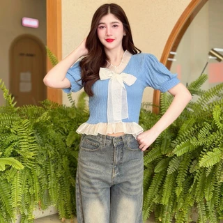 ( เฉพาะเสื้อ ) เสื้อผ้าเปลือกไม้ แขนตุ๊กตา ชายแต่งระบาย ผูกโบว์อก เรียบร้อย ใส่ทำงาน น่ารัก สาวอวบ อ้วน เสื้อสาวอวบ T016