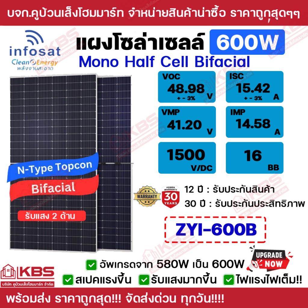 INFOSAT แผงโซล่าเซลล์ กรอบดำ 600W Mono Half Cell รับแสง 2 ด้าน อัพเกรดรุ่นใหม่ล่าสุดในท้องตลาด!!! นำไฟฟ้าได้ดีกว่าเดิม