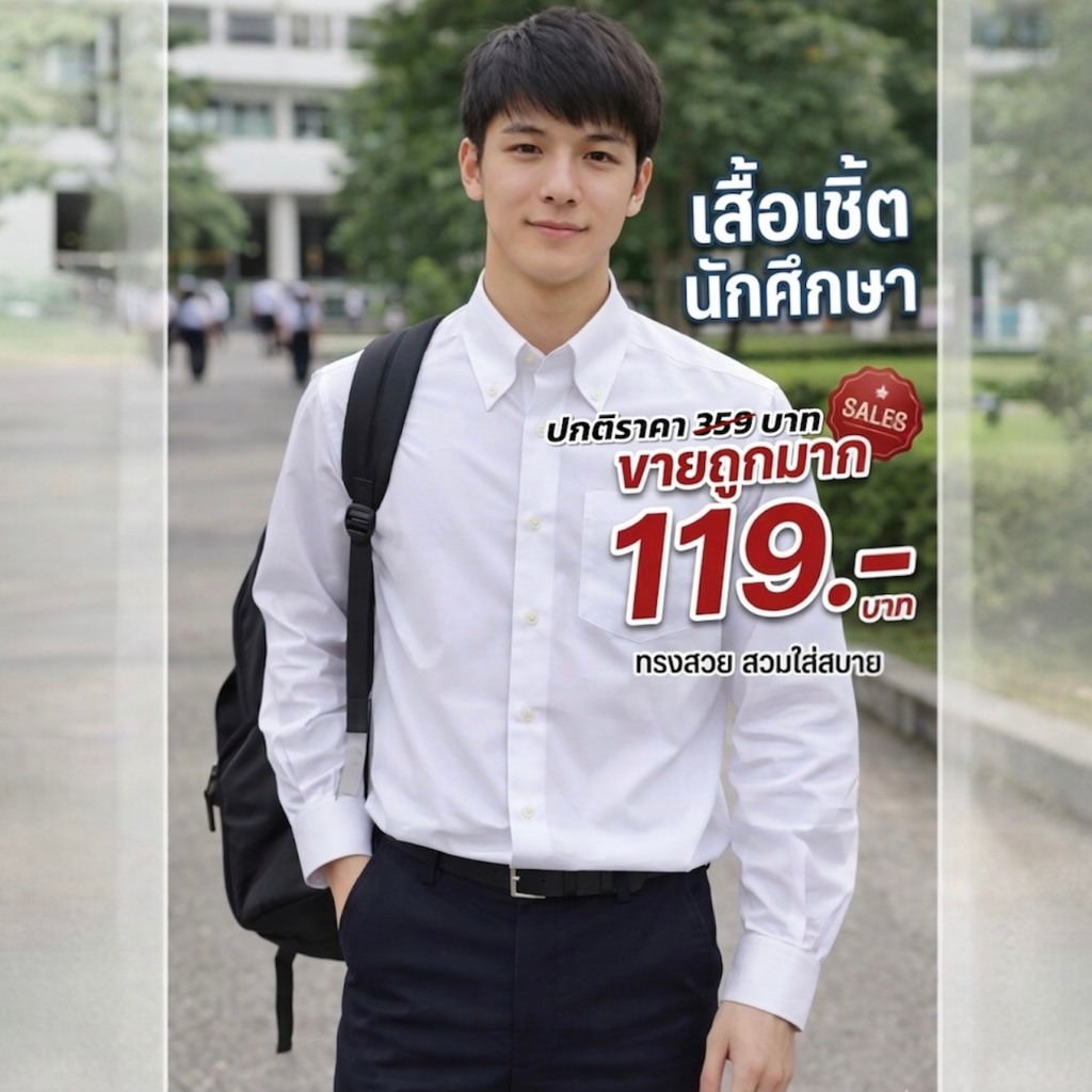 เสื้อนักศึกษาชาย มีกระเป๋า ลดราคาพิเศษ