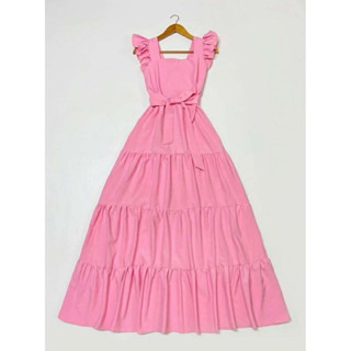 ชุดเดรสยาว แขนระบาย ผ้าไหมอิตาลี่ ใส่เที่ยว ใส่คลุมท้องได้