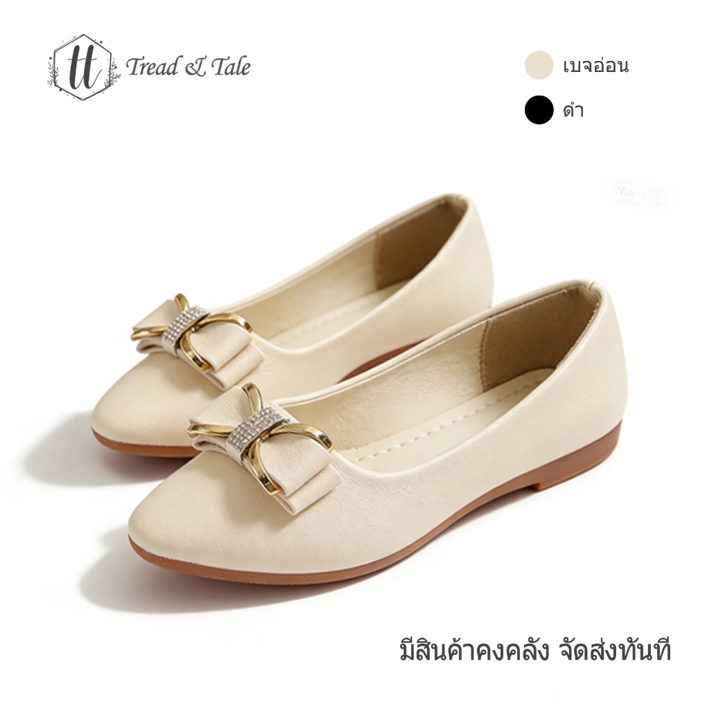 (พร้อมส่งจากไทย)รองเท้าส้นเตี้ย หัวแหลม ประดับโบว์ พลอยเทียม เหมาะกับใส่ทํางาน แฟชั่นสําหรับผู้หญิง ขนาด35-41