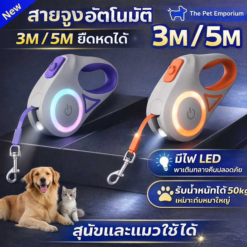 สายจูงสุนัข/แมว อัตโนมัติ ยืดหดได้ 3M/5M มีไฟ LED กระพริบ สายจูงสัตว์เลี้ยง ล็อกอัตโนมัติ สำหรับหมาเล็ก กลาง ใหญ่