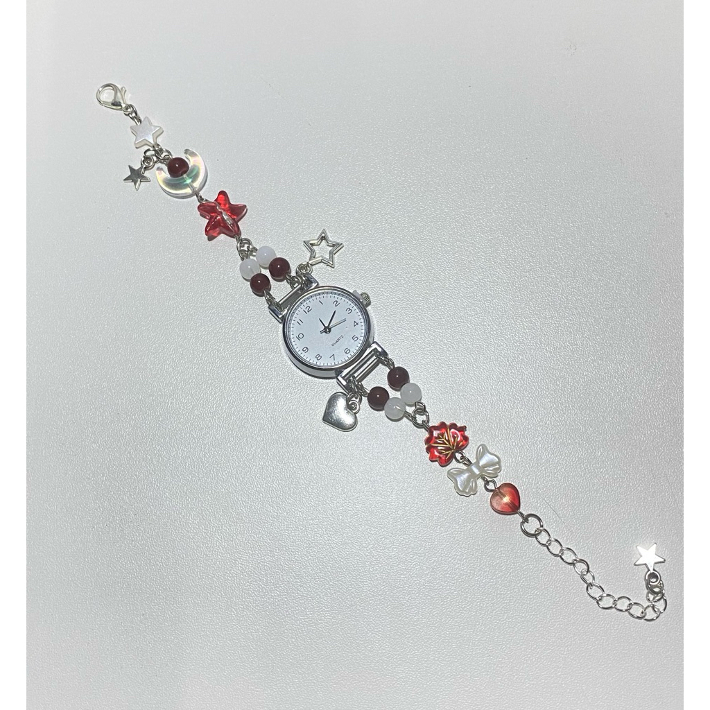 [Aozora_bead] นาฬิกาลูกปัด หน้าปัดเงิน โทนแดงขาว