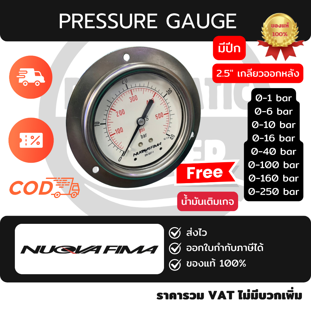 Nuova Fima Pressure Gauge 2.5 นิ้ว (63mm) เกลียวออกหลังมีปีก เกจวัดแรงดันคุณภาพสูง อิตาลีแท้ ออกใบกำกับภาษีได้