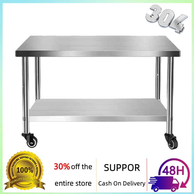 โต๊ะสแตนเลสมีล้อ stainless steel table ทำควา สะอาดง่าย โต๊ะสองชั้น 150*50*80 CM โต๊ะสแตนเลส ล้อมีเบรกสี่ล้อ ความหนา0.6มม
