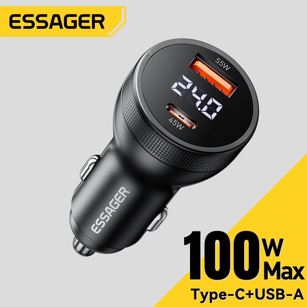 Essager ที่ชาร์จแบตในรถเร็ว 100W USB A Type C PD Digital Display Adapter สำหรับโทรศัพท์