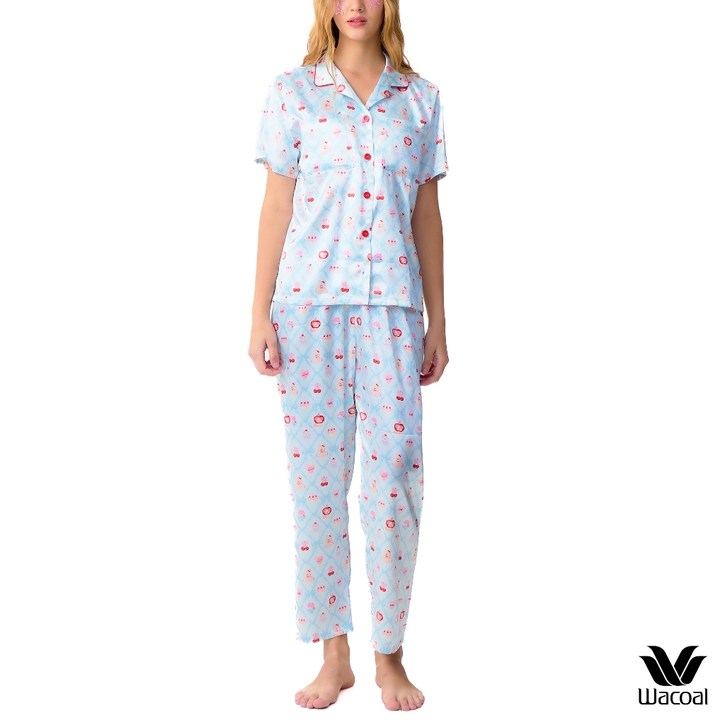 Wacoal No-Bra Sleepwear ชุดนอนกันโป๊ แขนสั้น ขายาว รุ่น WN7V32 สีฟ้า (SX)