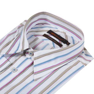 Hazard เสื้อเชิ้ตทำงานแขนยาวลายทาง ผ้า Cotton (คอตตอน) สีชมพ…