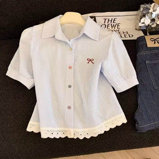 Red Berry เสื้อเชิ้ตแขนสั้นลายทางสีฟ้าสไตล์เกาหลีสำหรับผู้หญ…