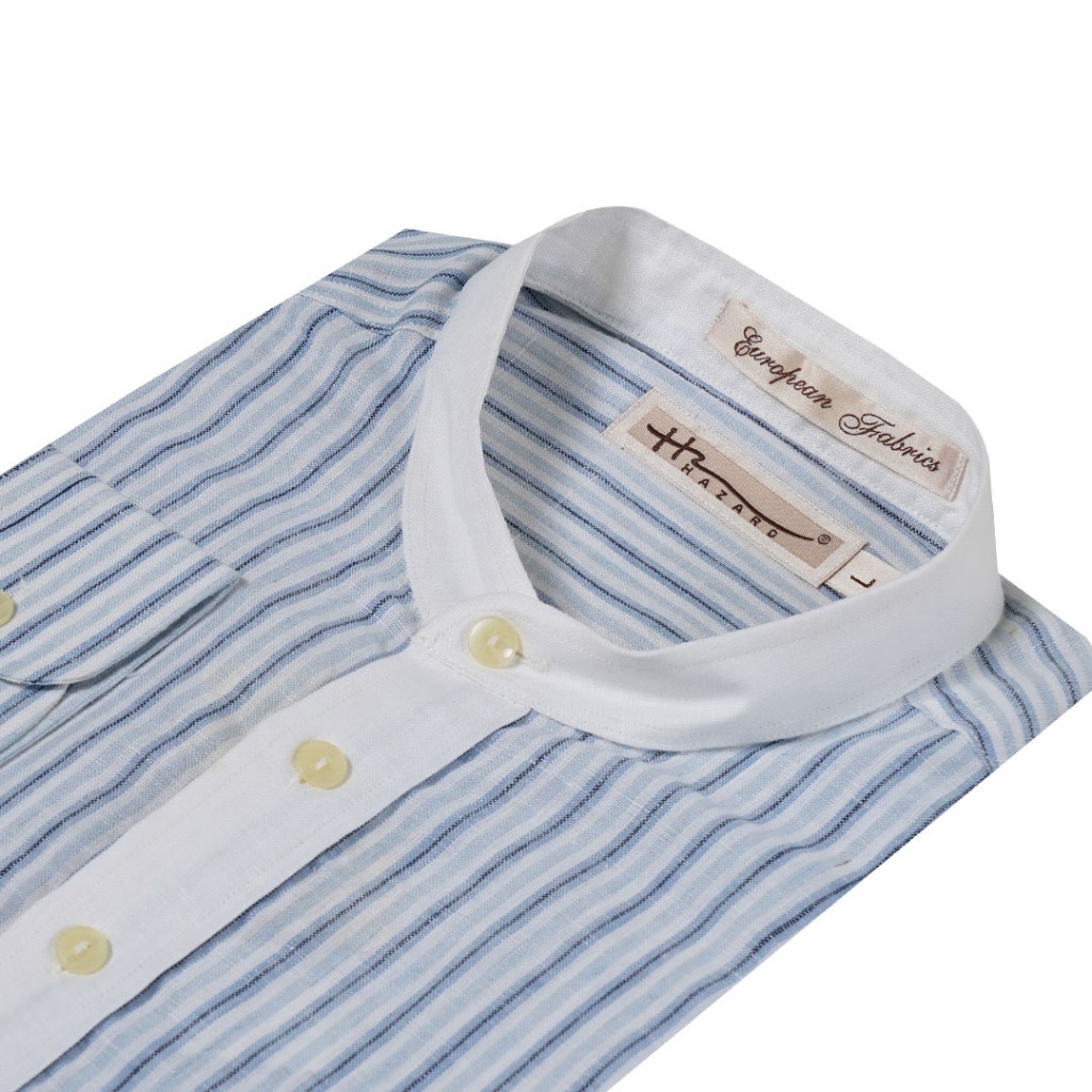 Hazard เสื้อเชิ้ตทำงานคอจีนแขนยาวลายทาง ผ้า Linen(ลินิน) สีฟ้าเข้ม