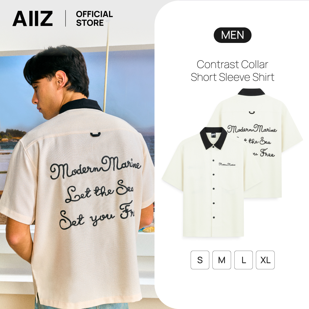 AIIZ เสื้อเชิ้ตผู้ชายคอวีแต่งปกต่างสี