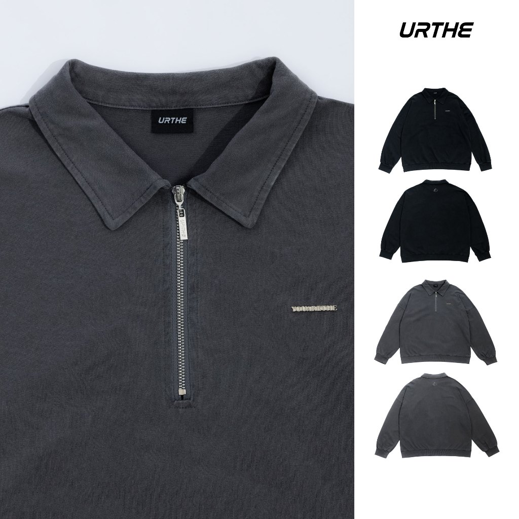 URTHE - เสื้อสเวตเตอร์ Oversize รุ่น MIDNIGHT HALF-ZIP COLLARED SWEATSHIRT