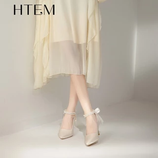 HTEM จัดส่งจากกรุงเทพฯ ฤดูร้อนใหม่สีชมพูแหลมมุกโซ่รองเท้าส้นสูง
