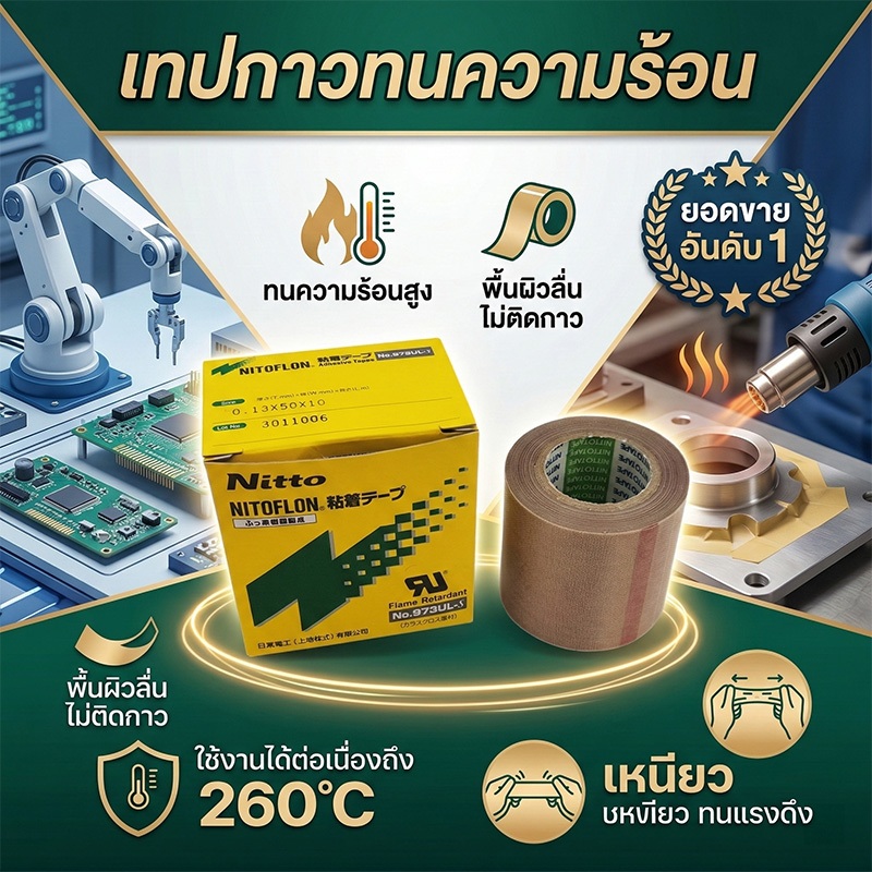 ผ้าเทปกันความร้อน Nitto สำหรับเครื่องซีล หนา0.13mm กว้าง25/50mm ยาว10ม. สีน้ำตาล ทนทาน คุณภาพสูง