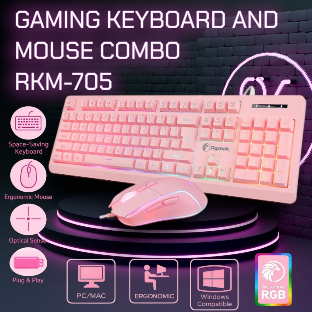 ลดราคา RKM-705  RGB Gaming Keyboard+Mouse Combo ชุดคีย์บอร์ดเมาส์สีชมพูเกมมิ่ง ไฟ RGB แป้นไทย-อังกฤษ