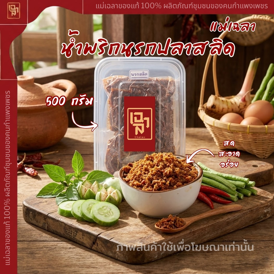 น้ำพริกนรกปลาสลิด เเม่เฉลา เนื้อปลาแท้แน่นๆ  (ขนาด500 กรัม และ 1 กิโลกรัม)