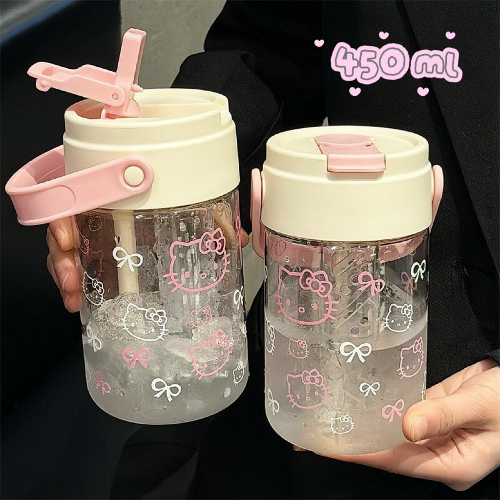 แก้วน้ำพลาสติก ลายคิตตี้ แบบมีหลอดดูด คว่ำไม่หก ดีไซน์ใหม่ ทนความร้อน 450ml พกพาสะดวก เหมาะสำหรับนักเรียนและผู้หญิง