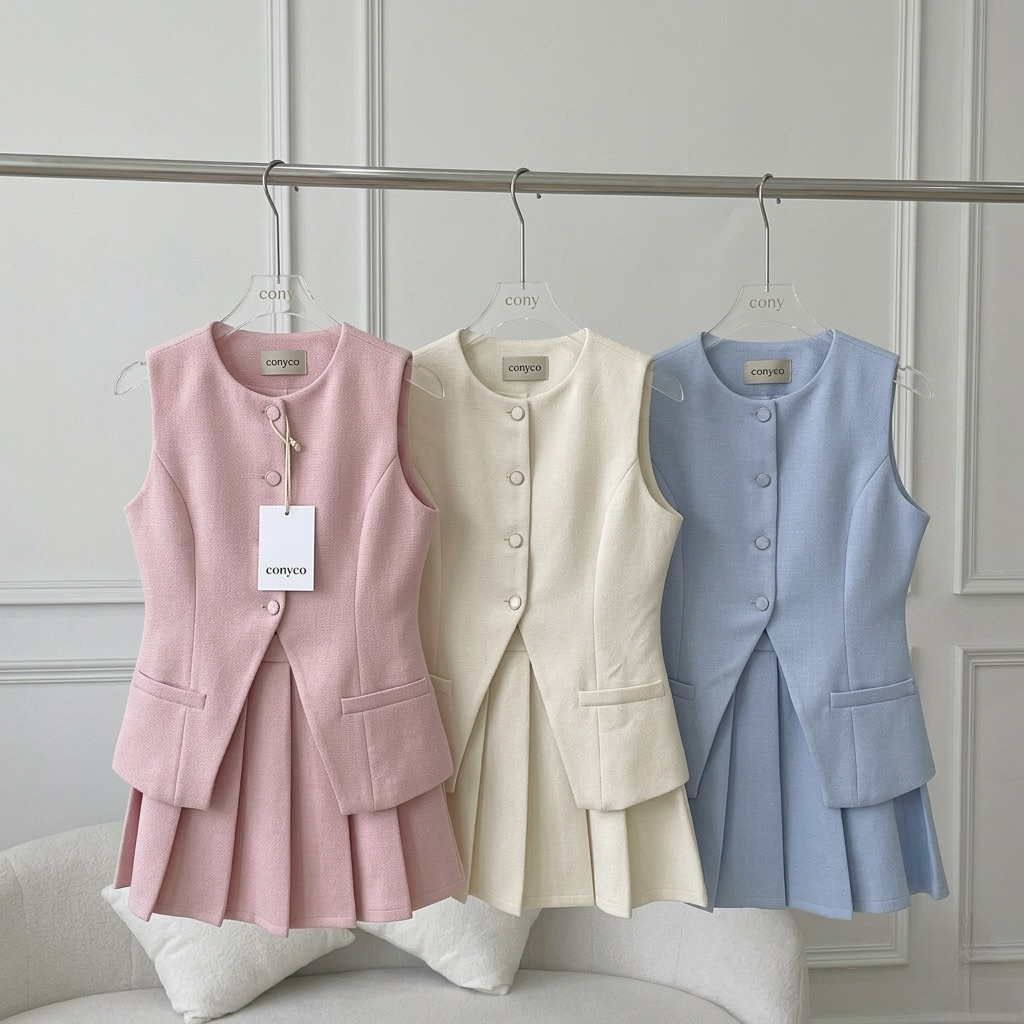 conycolours | Velina Vest Set ชุดเซตเสื้อกั๊กกระดุมหน้า กระโปรงจีบ