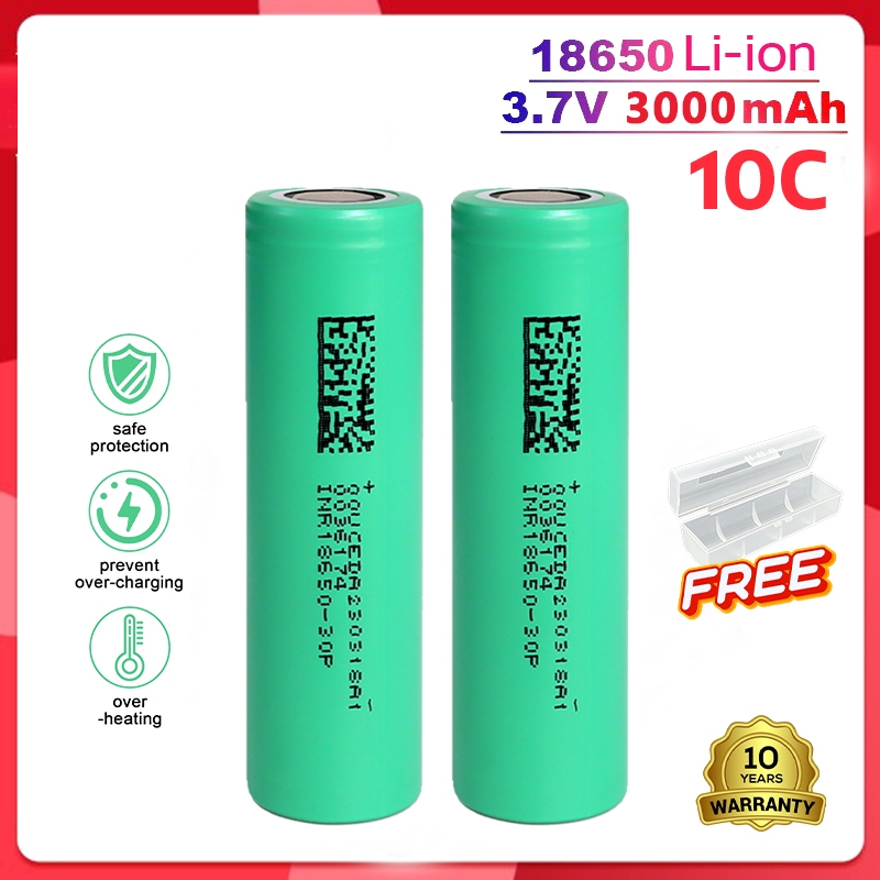 ถ่านชาร์จ 18650 3.7V 3000mA 10C แบตเตอรี่ลิเธียม INR18650 - 30P หัวแบน แบตเตอรี่ 30A Rechargeable lithium Li-ion Battery
