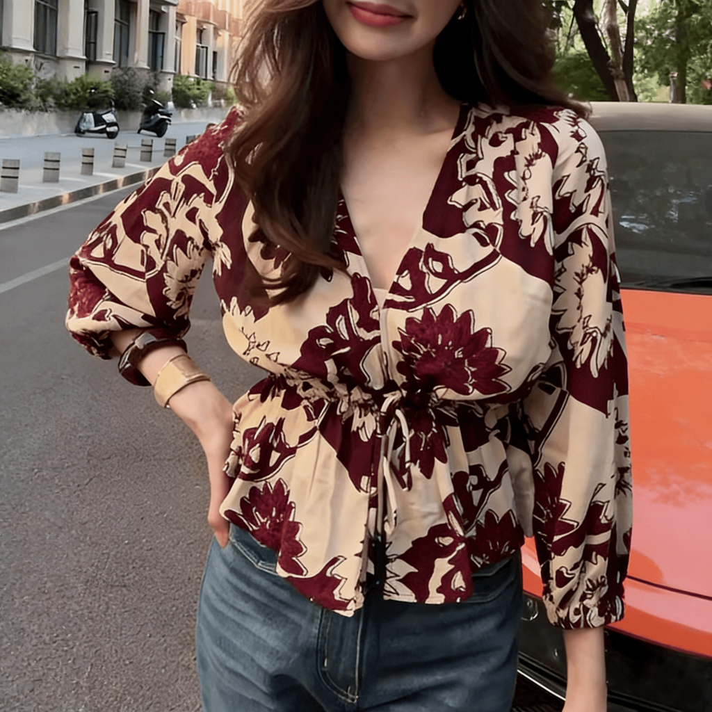 Chili Koko เสื้อเชิ้ต พิมพ์ลายวินเทจ คอวี ผูกเน็คไท แขนสามส่วน สำหรับผู้หญิง ฤดูร้อนใหม่ เสื้อสวย เสื้อไม่ซ้ำใคร W698 รูปที่ 2