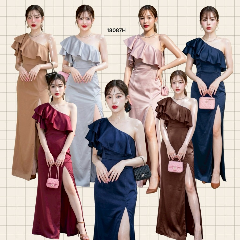 แม็กซี่เดรสยาว ไหล่เบี่ยงระบาย TT18087