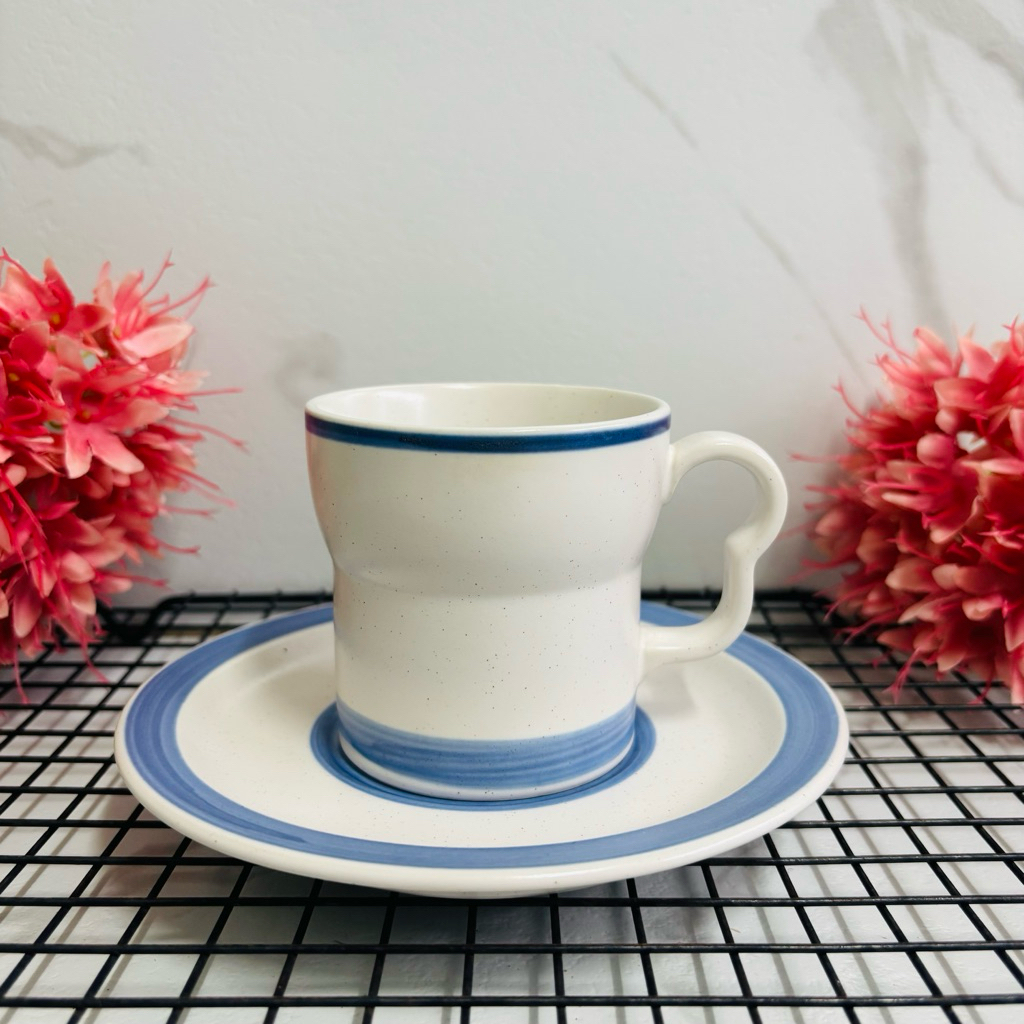 แก้วกาแฟดินเผา พร้อมจานรอง Adam & Eve มือสอง จากญี่ปุ่น