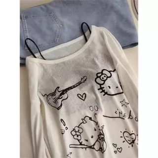 เสื้อยืดแขนยาวเปิดไหล่ลายคิตตี้สำหรับผู้หญิง เหมาะสำหรับฤดูใบไม้ผลิ ฤดูใบไม้ร่วง และฤดูร้อน ดีไซน์โดดเด่น ทรงหลวม ช่วยให