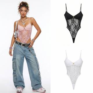 sosexy【พร้อมส่ง】บอดี้สูทลูกไม้เซ็กซี่ สีดำ สายเดี่ยว เว้าลึก…