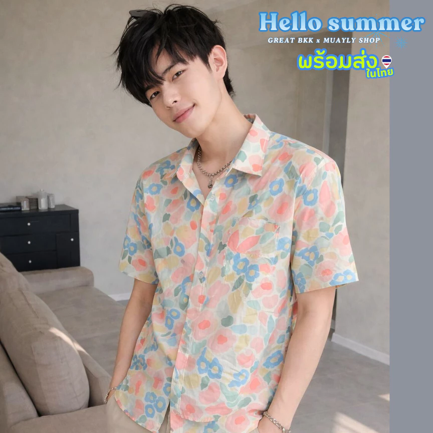 เสื้อฮาวาย ลายดอกชมพูอ่อน สีพาสเทล แขนสั้น สไตล์เกาหลี 2026 thumbnail 4