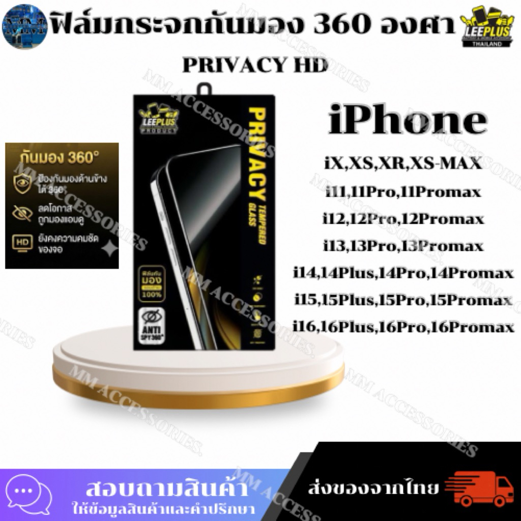 LEEPLUS ฟิล์มกันมอง360องศา PRIVACY HD สำหรับไอโฟน+มีชุดทำความสะอาด (ไม่มีฟิล์มหลัง)