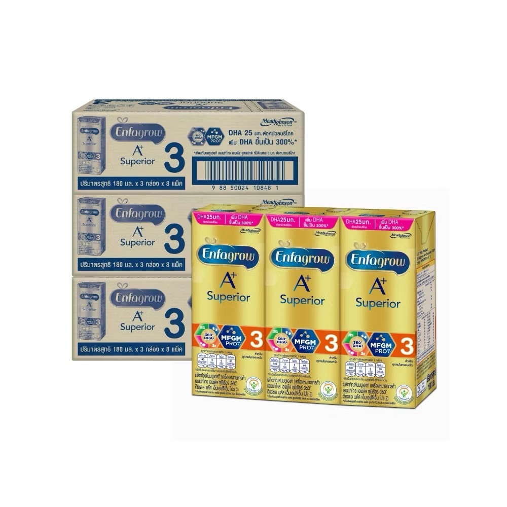 Enfagrow Superior UHT เอนฟาโกร เอพลัส สูตร 3 ซุพีเรียร์ รสจืด 24 กล่อง 180 มล.[ แพ็ค 3ลัง]