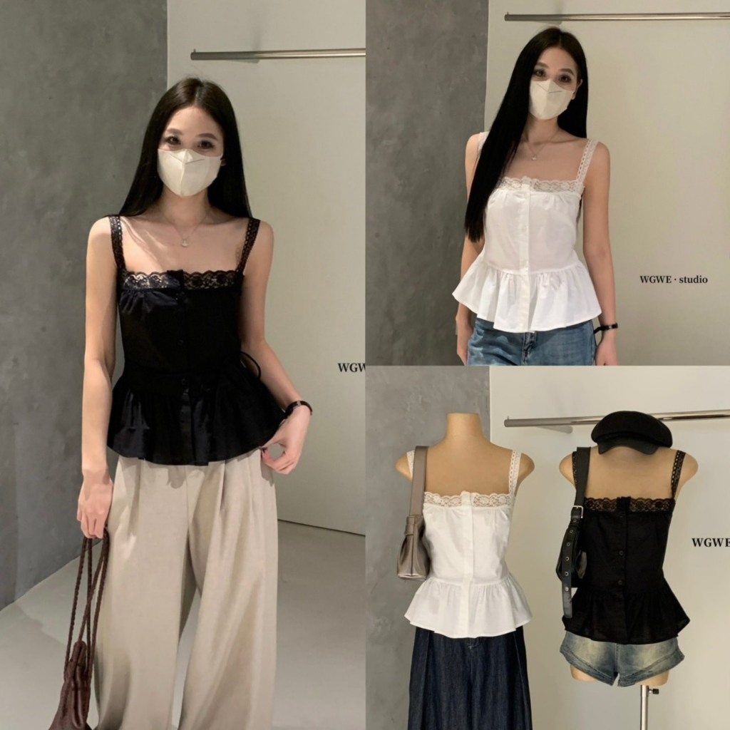 (พร้อมส่ง) เสื้อสายเดี่ยวคอเหลี่ยมแต่งลูกไม้รุ่น 8676 TAG WG.WE 🇰🇷
