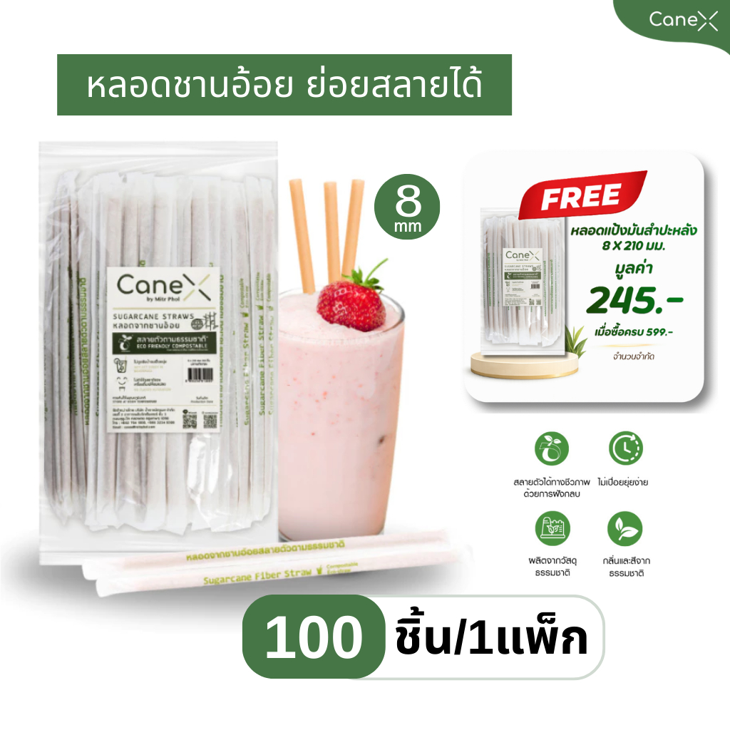 (100 ชิ้น) CaneX หลอดชานอ้อย ย่อยสลายได้ 100% (100ชิ้น/แพ็ก)  ขนาด 8 x 210 มม. ตัดตรง หลอดไบโอ หลอดรักษ์โลก Bio straw