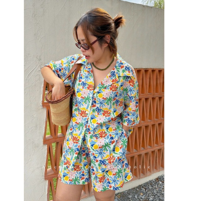 ✅พร้อมส่ง✅ ชุดเซท ลายดอก ผ้าลินิน เสื้อเชิ้ต อก34”-50” + กางเกงขาสั้น Amcorner