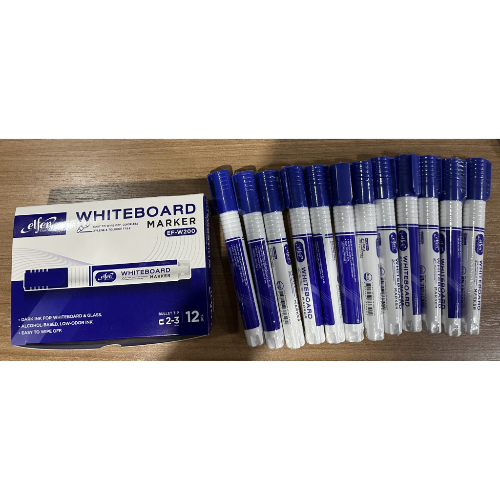 ปากกาไวท์บอร์ด elfen EF-W200 หัวแหลม หมึกสีน้ำเงิน แพ็ค (1x12 ด้าม)