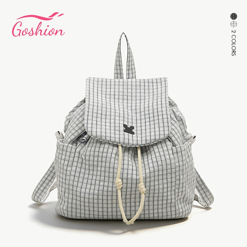 Goshion เชือกรูด ไนลอน กระเป๋าเป้สะพายหลัง ทันสมัยและน่ารัก ลายสก็อต น้ำหนักเบาและทนทาน