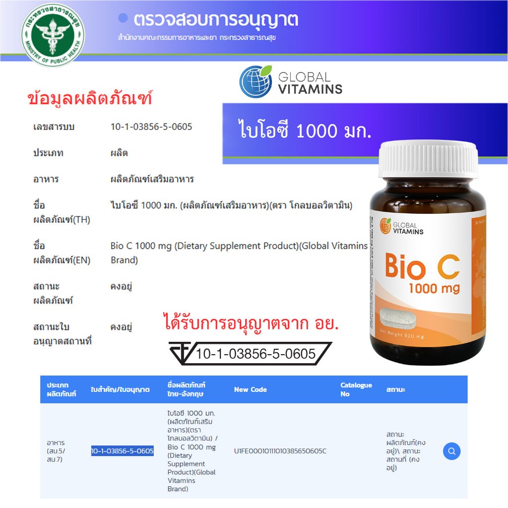 [แพ็ค 3 ขวด] ไบโอซี วิตามินซี 1000 มก. โกลบอลวิตามิน Bio C Vitamin C 1000 mg Global Vitamins วิตามินซีพลัส บิลเบอร์รี่ ราคา ถูกที่สุด ดีลบีเคเค แกลเลอรีภาพที่ 7