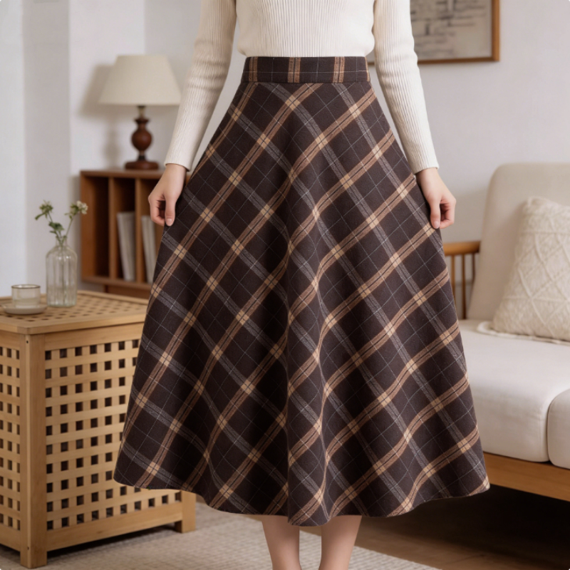 กระโปรงลายสก๊อตสีกาแฟ ผู้หญิง Midi เอวสูง กระโปรงจีบตัวอักษร A กระโปรงร่มสวิงขนาดใหญ่ กระโปรงยาว ใส่แล้วสวย ดูดี