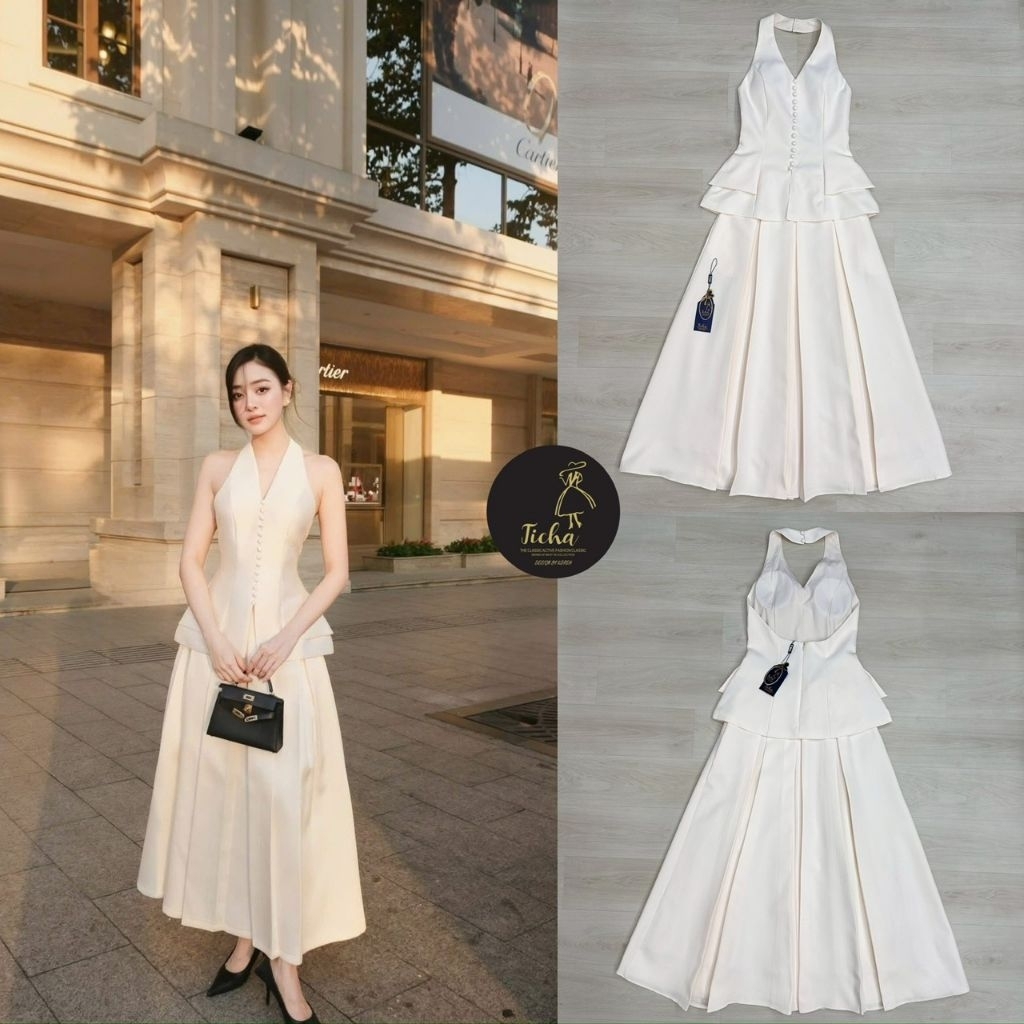 Ticha Set 2 ชิ้น สีครีม เสื้อคล้องคอ แต่งกระดุมเรียงยาว ผ่าชายเสื้อ อกเสริมฟองน้ำมาอย่างดีให้ทรงสวย
